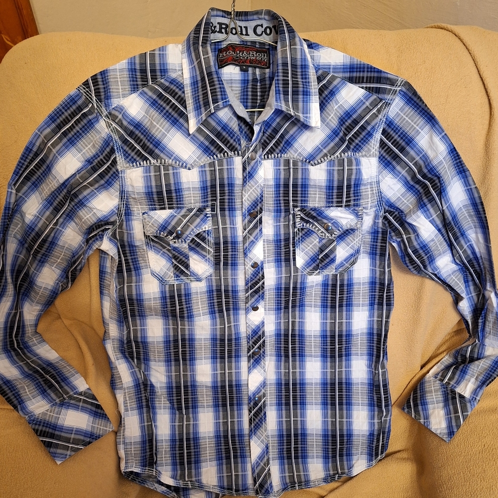 Rock & Roll Cowboy Men's Snap Front Western Shirt Deep Blue & Black Plaid